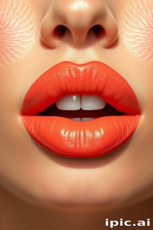 Vibrant coral lips with a satin sheen, full and voluptuous, capturing the essence of summer and youth, radiating warmth and energy