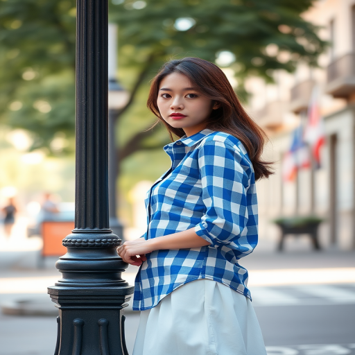 Regenerate the image of a woman in a blue checkered shirt and white skirt standing by a lamp post on a city street, using a Canon EOS R5, 50mm lens, f/1.8 aperture, 1/200s shutter speed, ISO 100, soft natural light, with a shallow depth of field.
