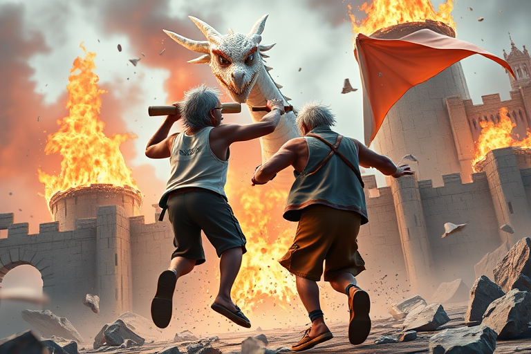 Cartoon 3D High-Resolution,dynamic battle scene using Unreal Engine 5 and Octane Render. The scene features back of an elderly, thai man with a beard,messy hair and round golden-rimmed glasses. He is wearing a tattered tank top with soot marks, shorts, and sandals. sweating. he wields a baseball bat. He jump to fight with a white fire-breathing Europe dragon amidst a partially destroyed stone castle. Include intense flames, smoke, and debris to enhance the dramatic effect.