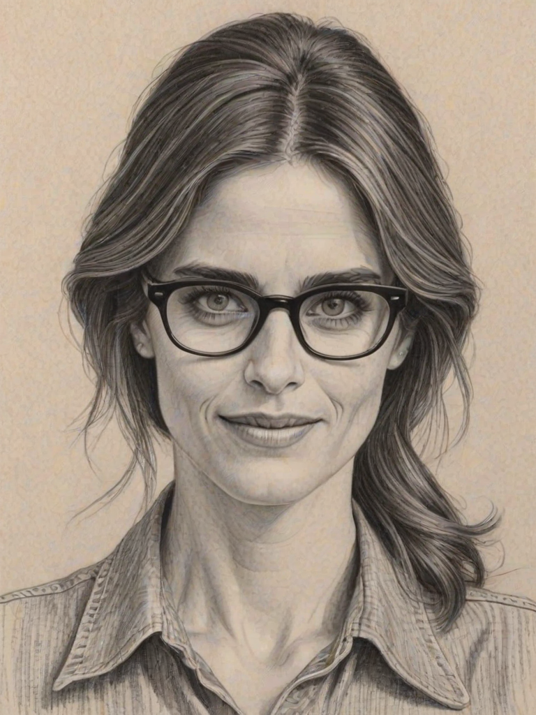 Delightful Amanda Peet, pencil sketch, portrait of Fetching woman 1972s in glasses, hair style beatnik, outline, clear lines, fine lines, 8k