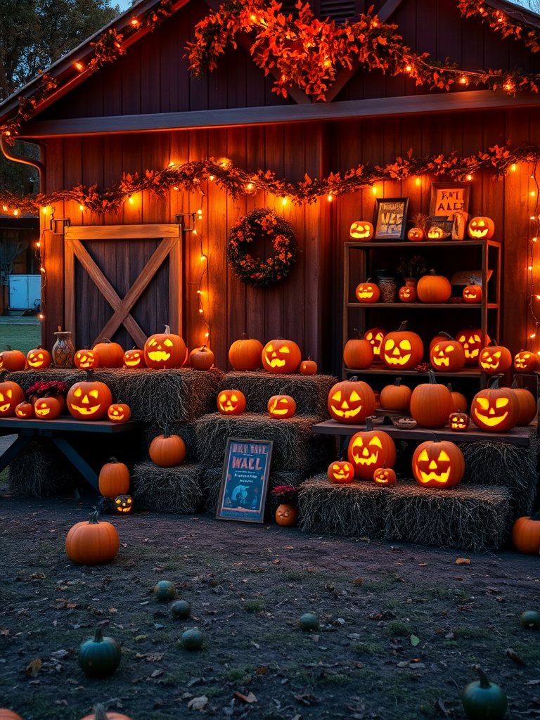 A cozy autumn scene featuring a pumpkin patch at dusk with glowing jack-o-lanterns arranged on hay bales and wooden shelves surrounded by warm string lights illuminating a rustic barn decorated with fall foliage. The atmosphere is festive and inviting, capturing the essence of Halloween celebrations.