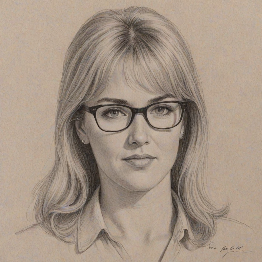 Wonderful Renee O'Connor, pencil sketch, portrait of Lovely woman 1957s in glasses, hair style beatnik, outline, clear lines, fine lines, 8k