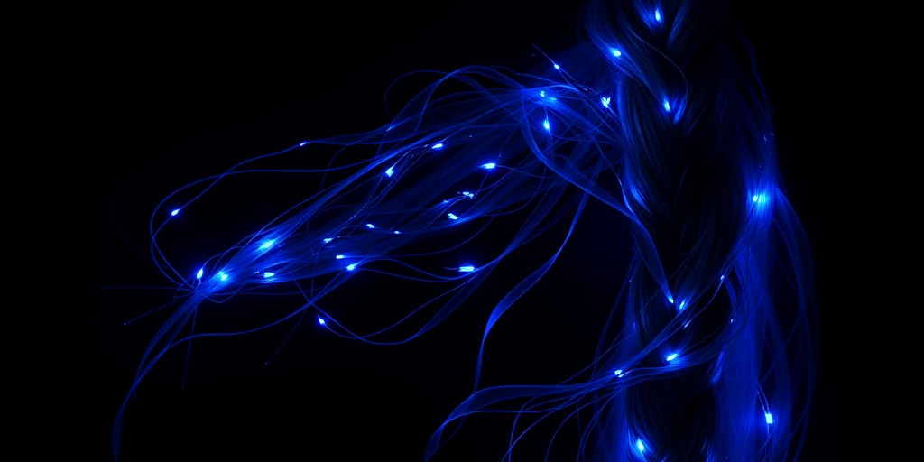Enchanting midnight blue mermaid braid cascading down one side, interwoven with glowing fiber optic strands for a magical starry night effect