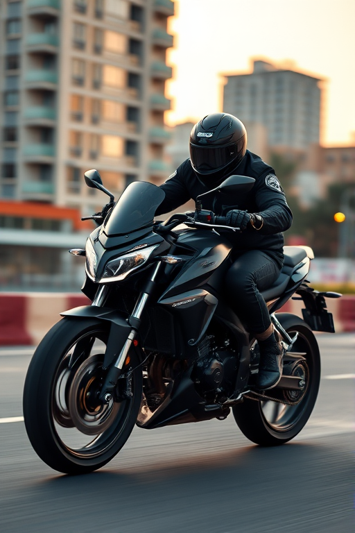 Generate a high-quality image of a motorcyclist in full black gear racing on a sleek black motorcycle, set against a blurred urban backdrop at dusk, using a DSLR camera with a 50mm f/1.8 lens, at ISO 100, 1/500 sec shutter speed, and aperture set to f/2.8 for enhanced depth of field and motion blur.