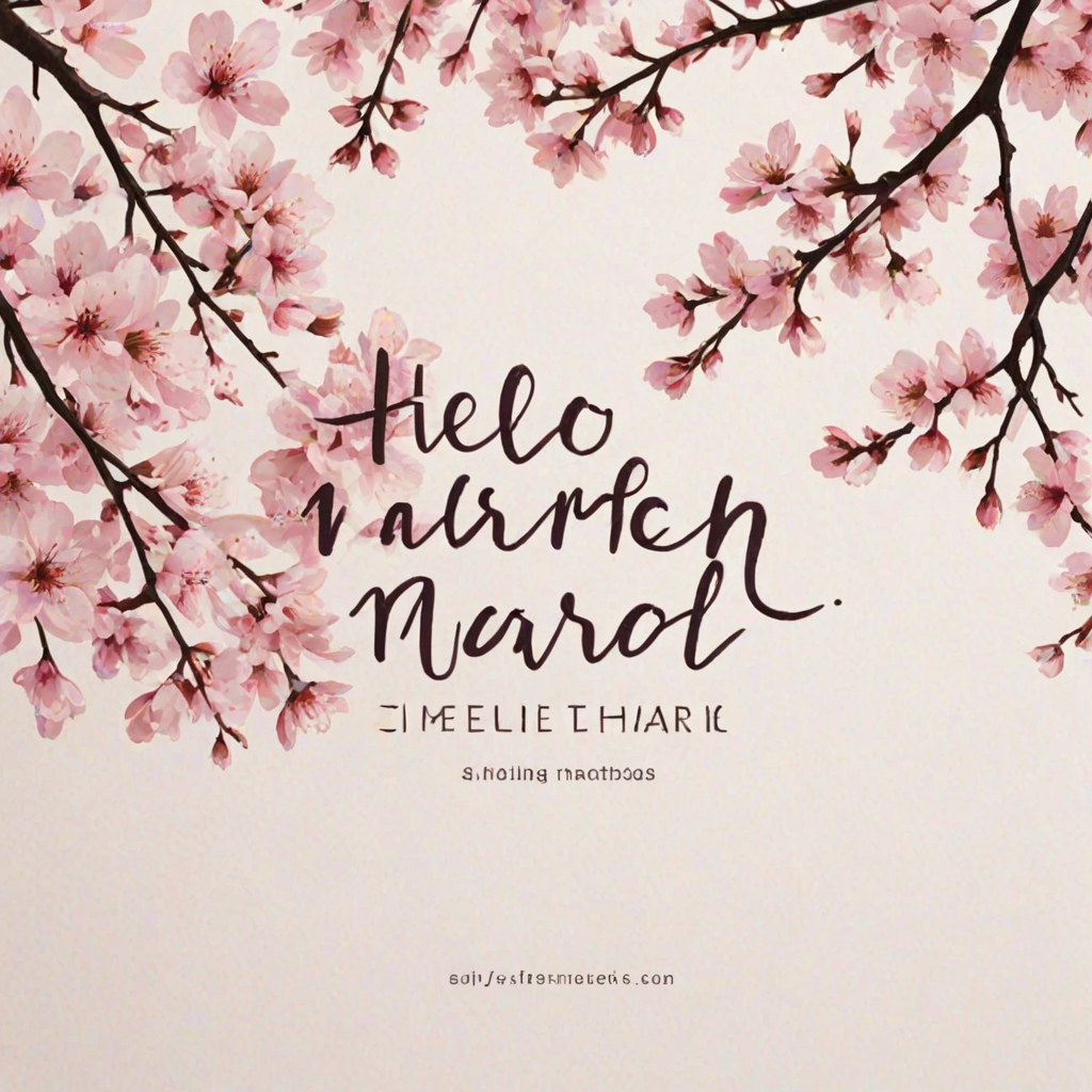 Create a minimalist illustration featuring a pink cherry blossom tree with a white background, accompanied by the text "Hello March" in a stylish font.