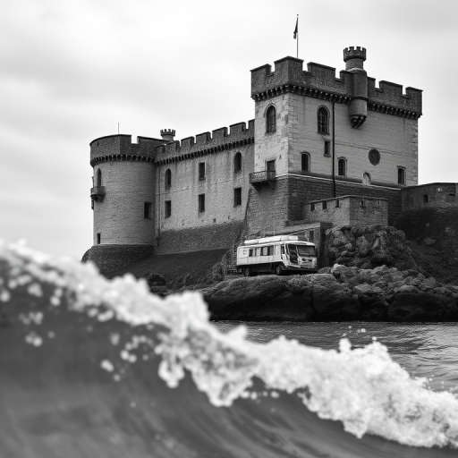 Regenerate a high-resolution black and white image of a historic castle by the sea with intricate architectural details, using a Canon EOS R5, 50mm lens, f/1.8, ISO 100, and a shallow depth of field to emphasize the texture of the stone and the waves in the foreground.