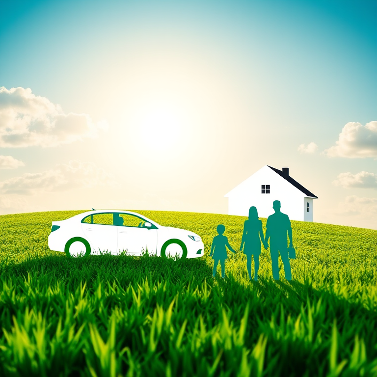 white silhouettes of a car, house, and family standing on vibrant green grass with a bright sun and clouds, taken with a DSLR camera, 50mm lens, f/1.8 aperture, ISO 100, natural lighting, wide-angle view to capture details.