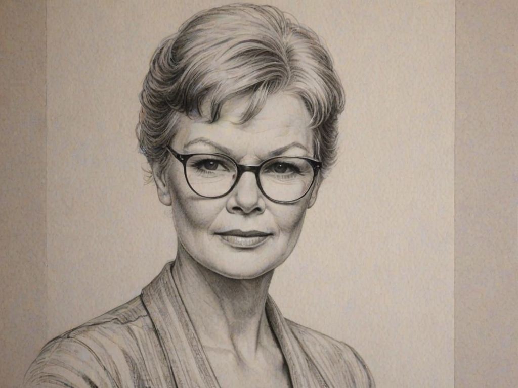 Wonderful Judy Dench, pencil sketch, portrait of Comely woman 1930s in glasses, hair style beatnik, outline, clear lines, fine lines, 8k