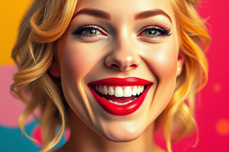 Create a vibrant pop art portrait of a smiling woman with blonde hair and red lips, using a DSLR camera with a 50mm lens, aperture f/1.8, ISO 100, and natural lighting to enhance colors and details.