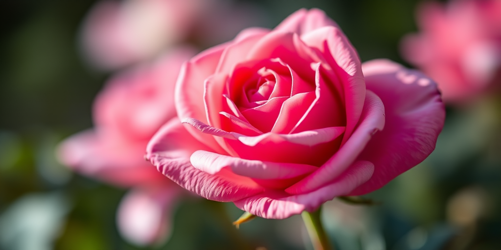 highly detailed close-up of a pink rose with soft focus background, shot with a 50mm lens at f/2.8, ISO 100, natural lighting, shallow depth of field, DSLR camera