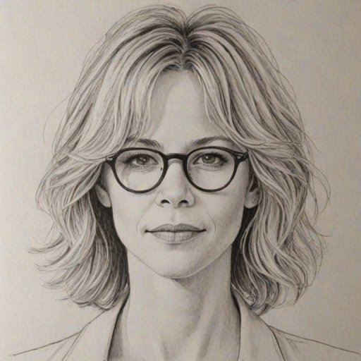 Attractive Meg Ryan, pencil sketch, portrait of Graceful woman 1979s in glasses, hair style beatnik, outline, clear lines, fine lines, 8k
