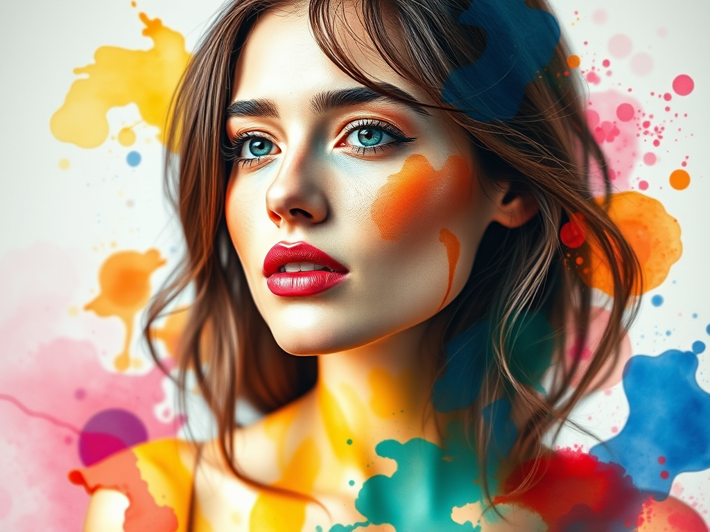 Regenerate a watercolor portrait of a female with abstract splashes of color, featuring a soft-focus background, using a Canon EOS R5 with an 85mm f/1.2 lens, aperture set to f/2.8, shutter speed 1/125s, and ISO 100 for enhanced detail and vibrancy.