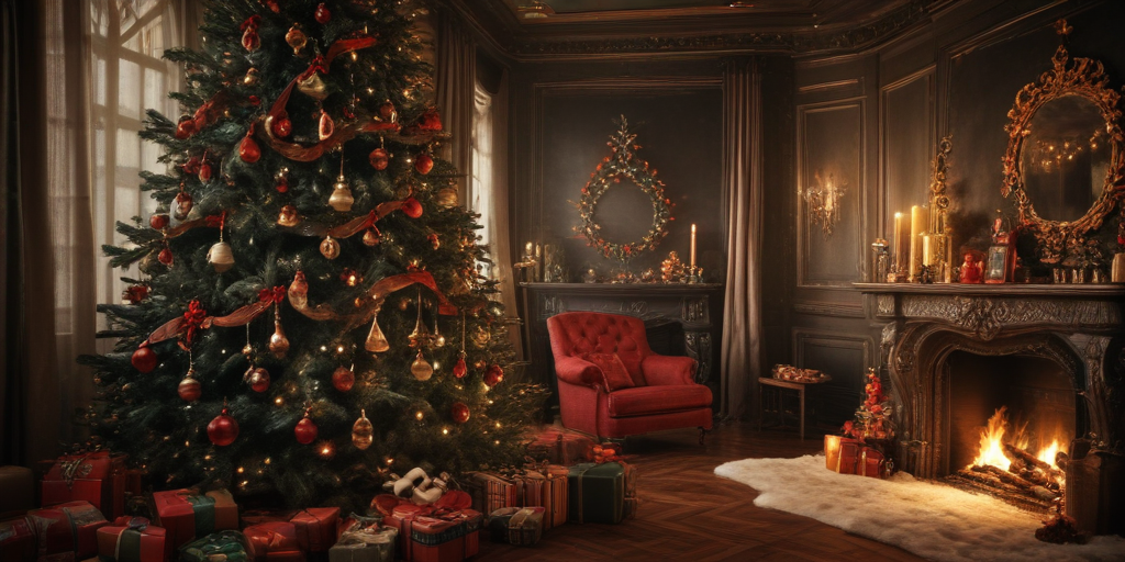 Cozy Christmas Living Room Decorated with a Beautiful Tree and Gifts