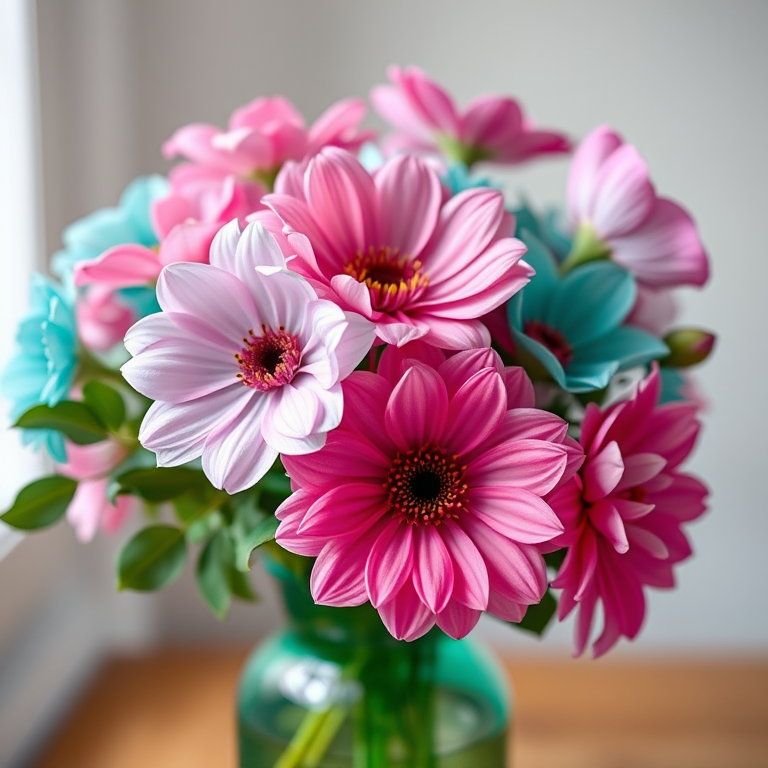 Capture a vibrant bouquet of pink and teal flowers in a green glass vase, using a DSLR camera with a 50mm lens, aperture set to f/1.8 for a shallow depth of field, ISO 200, and a soft natural light setup for enhanced color and detail.