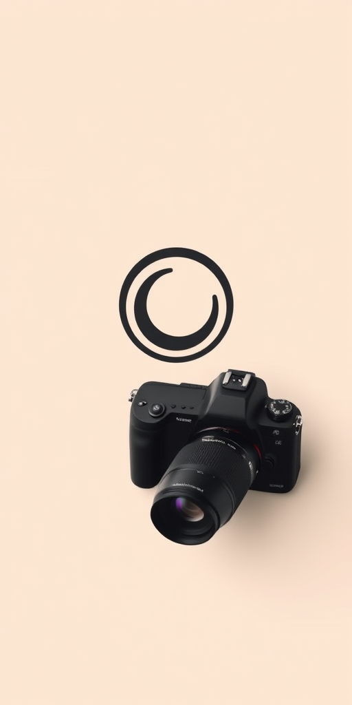Generate a high-quality minimalist logo design featuring a simple circular camera icon on a solid background with a 50mm lens, f/1.8 aperture, ISO 100, soft diffused lighting, top-down view, using a DSLR camera.
