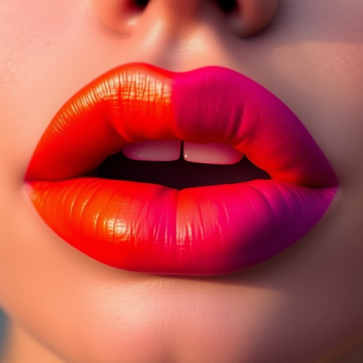 Mesmerizing ombre sunset lips transitioning from deep orange to vibrant purple, showcasing a gradient effect with a matte finish and defined cupid's bow