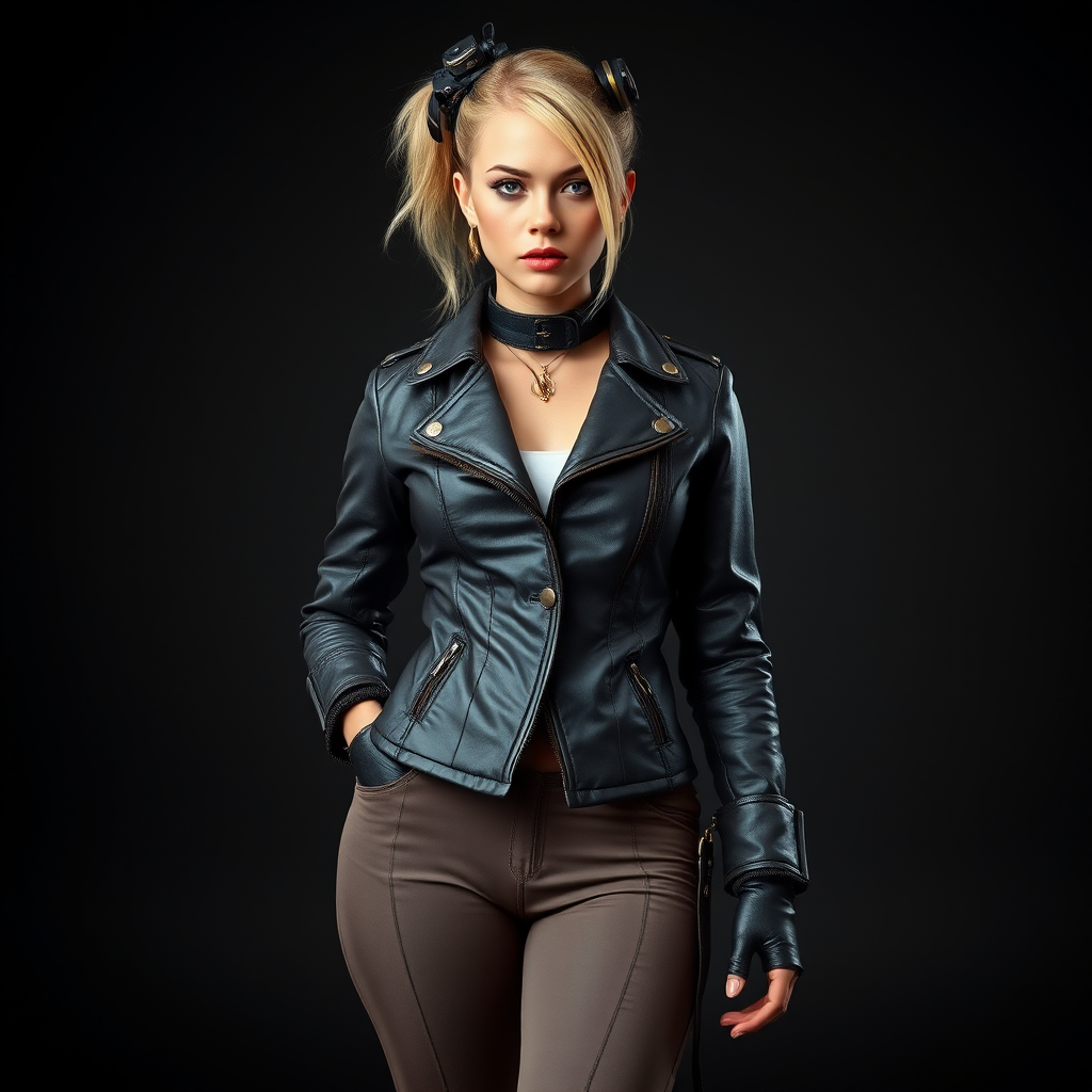 A full-body portrait of a female steampunk character wearing a stylish leather jacket and fitted pants, standing confidently with a neutral expression; camera settings: f/1.8, ISO 100, 1/200s; camera view: eye level; camera style: portrait; camera type: DSLR.