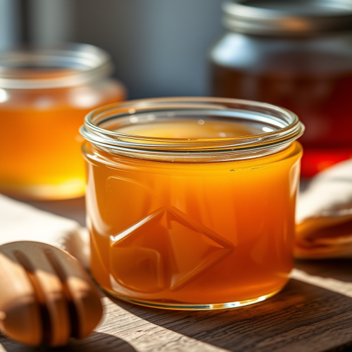 Create a high-resolution image of a glass jar filled with honey, captured with a Canon EOS R5 at f/2.8, ISO 100, 1/200 sec, in a close-up view, using natural soft lighting to highlight the jar's details and texture.