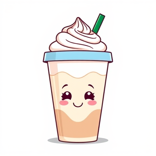 Create a high-resolution illustration of a cute, cartoonish frappuccino cup with a smiling face, topped with whipped cream and a light blue lid, using a Canon EOS R5 with a 50mm lens, aperture f/2.8, ISO 100, and shot in soft natural lighting.