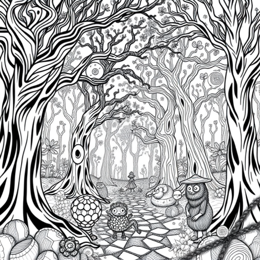 Create a detailed line art image of a mystical forest with intricate trees and whimsical creatures, captured with a DSLR camera at ISO 100, f/8 aperture, 1/200 sec shutter speed, taken from a low angle perspective, using a macro lens for enhanced detail.