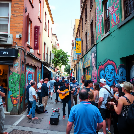 Lively street corner, with a musician playing guitar, people gathering around to listen, and vibrant murals decorating the walls, creating a vibrant urban scene.