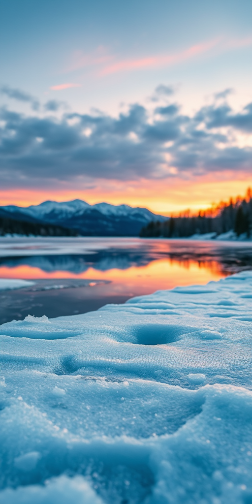 capture a serene winter landscape at dawn with a frozen lake and mountains in the background, using a DSLR camera with a 24mm lens, aperture f/8, ISO 100, 1/60 sec exposure, shot from a low angle to emphasize the ice texture and reflections, in twilight conditions to enhance colors and contrast