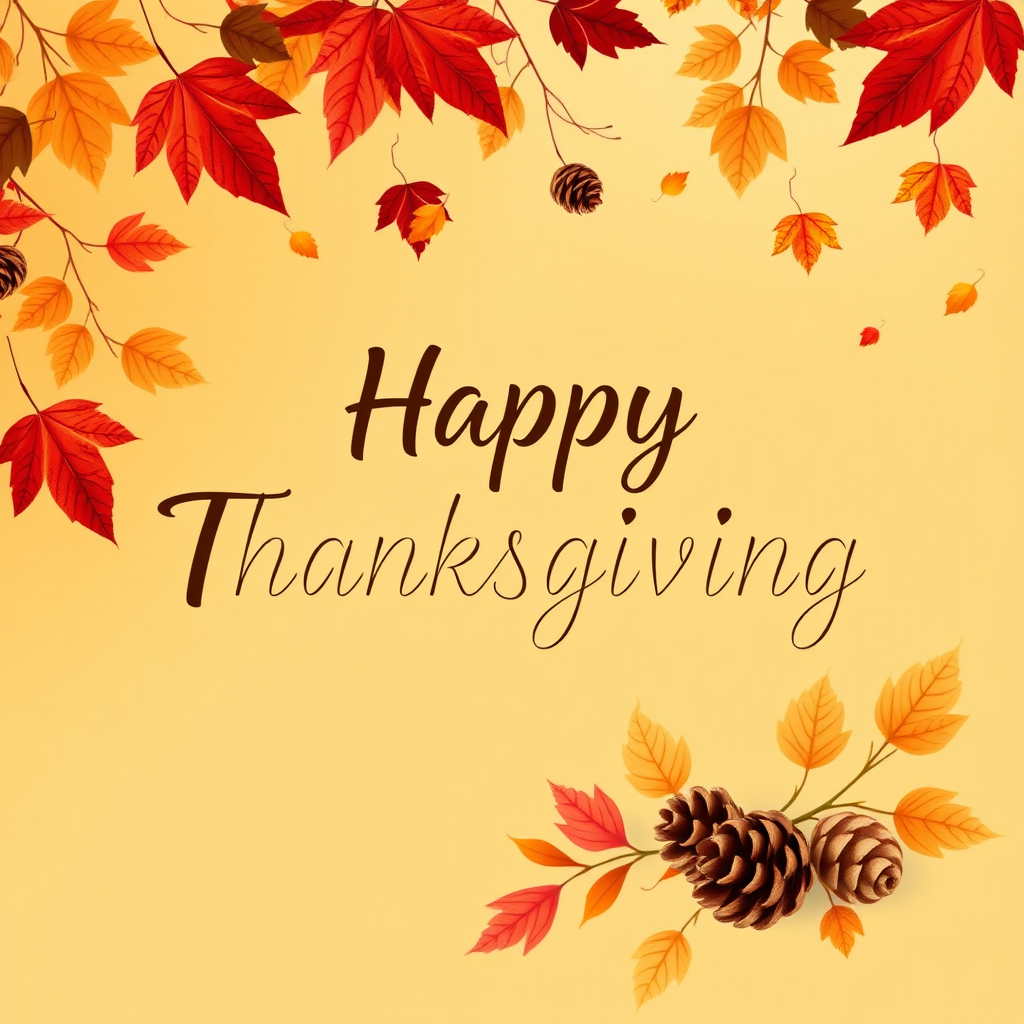 Create a warm and festive autumn-themed image with a gradient background of orange and yellow hues. Include a variety of falling leaves in shades of red, orange, and brown. In the center, display the text "Happy Thanksgiving" in a stylish and inviting font, using a dark brown color for contrast. Add subtle decorative elements like pine cones and additional leaves for a cozy, seasonal feel.
