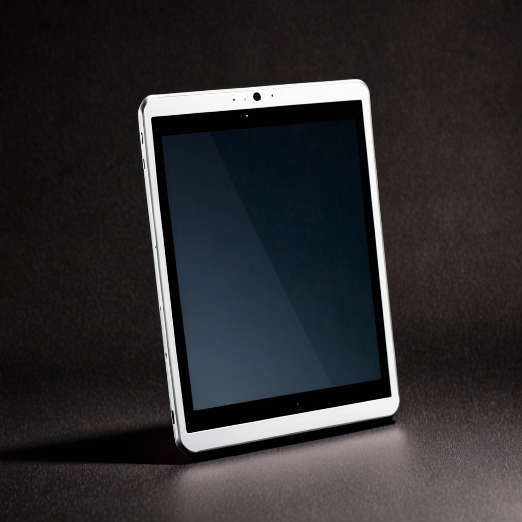 electronic tablet standing vertical direction floating in the air with ...