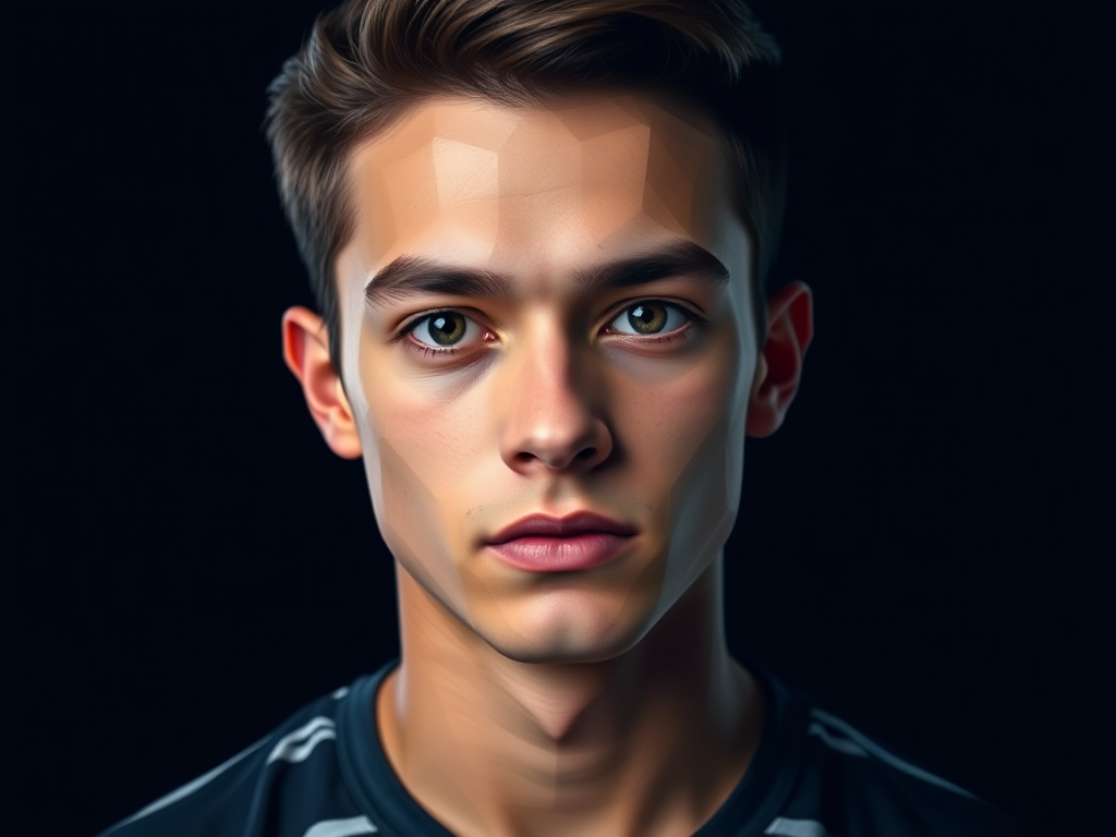 Create a high-resolution polygonal portrait of a young man with a serious expression and a striped shirt, using a Canon EOS R5 camera with a 50mm f/1.2 lens, Aperture Priority mode, ISO 100, and a studio lighting setup to enhance the geometric shapes and color contrast against a dark background.