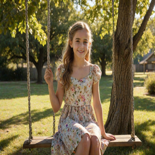 Softly lit portrait, a young girl in a floral dress sitting on a wooden swing, a large tree overhead with leaves casting dappled shadows on her face, distant hills visible in the background, soft smile on her face, sunlight highlighting the golden streaks in her hair.