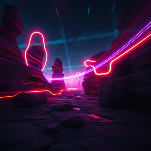 abstract digital art of streaming light and shapes in a futuristic landscape, 24mm lens, aperture f/8, ISO 100, shot in a low light environment, long exposure effect to enhance motion blur and light trails, high dynamic range imaging