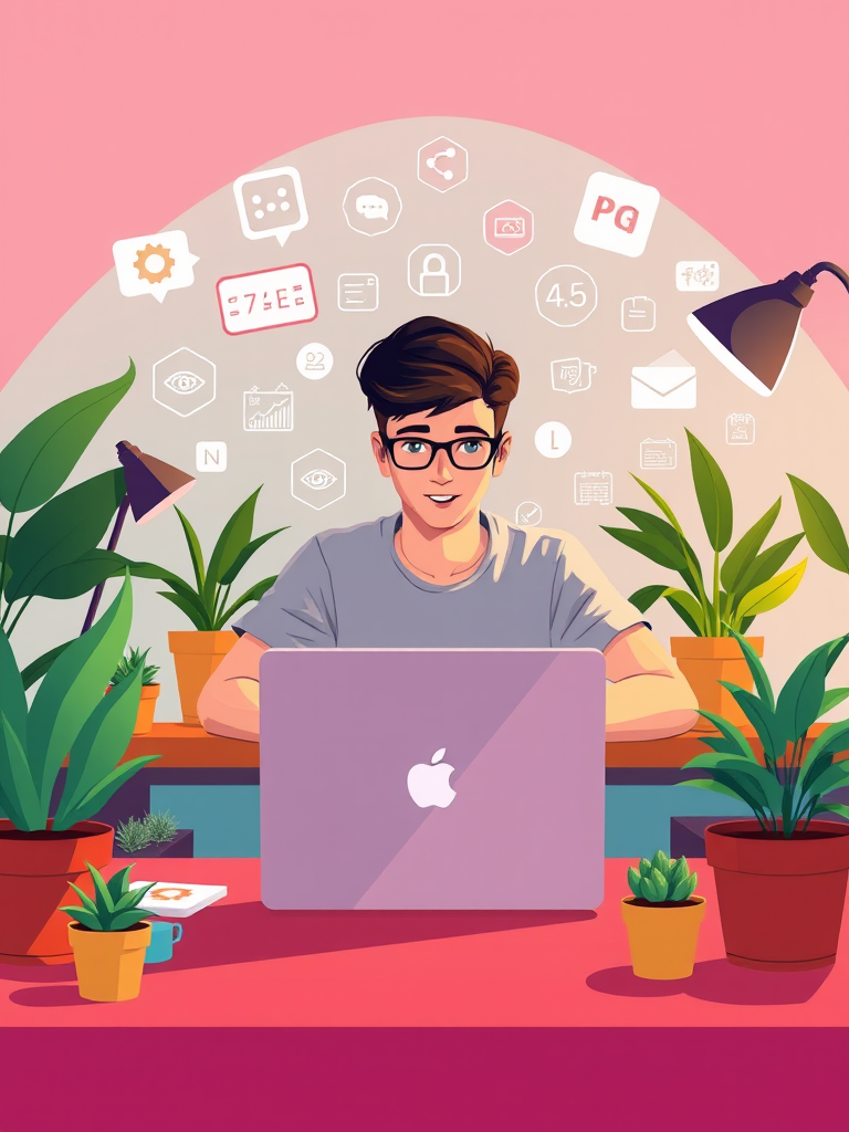 create an illustration of a young man working on a laptop at a desk surrounded by tech icons and plants, use vibrant colors and a clean, modern style, camera settings: f/4.0, ISO 100, shutter speed 1/125, camera view: front view, camera style: digital art, camera type: DSLR