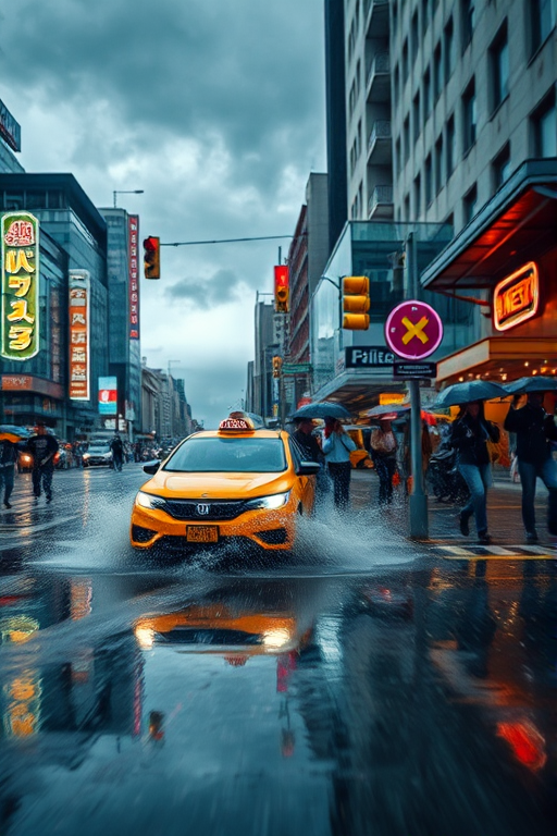 Blurry, action-packed image of a city street during a rainstorm, pedestrians with umbrellas rushing by, a taxi splashing through a puddle, reflections of neon signs and traffic lights on the wet pavement, street vendors huddling under awnings, distant thunderclouds looming in the sky above.