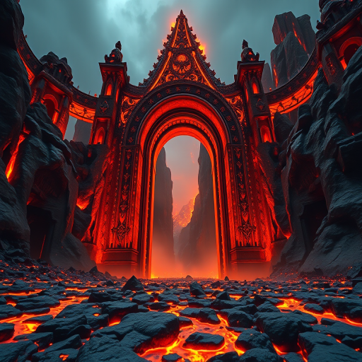 create a hyper-realistic image of a grand fiery portal in a hellish landscape, with molten lava flowing around, dramatic lighting highlighting the intricate details of the archway, captured with a full-frame DSLR camera at f/1.8, ISO 100, 1/125 sec, wide-angle lens, using a low angle view to emphasize the height and grandeur of the structure
