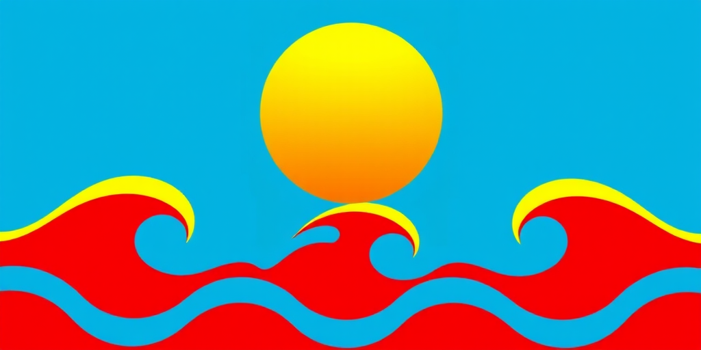 Create a vibrant digital illustration of a sun over a stylized wavy sea with a bright blue background and bold red wave patterns, using a digital camera with a wide-angle lens at f/8, ISO 100, and 1/200s shutter speed for optimal clarity and color depth.