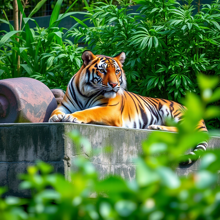 Capture a serene image of a tiger lounging on a concrete ledge surrounded by lush greenery, using a DSLR camera with an aperture of f/2.8, ISO 200, and a shutter speed of 1/500 seconds, shot from a low angle to create a soft background blur in daylight.