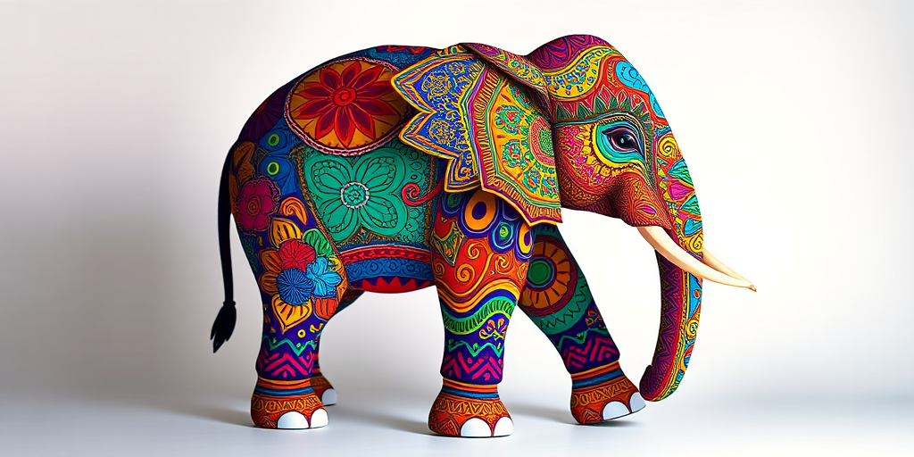 Create a colorful and intricate illustration of a decorated elephant with vibrant patterns, captured in sharp focus, using a DSLR camera with a 50mm lens at f/2.8, ISO 100, and a shutter speed of 1/250s, in a studio setting with soft lighting to enhance details and contrast.