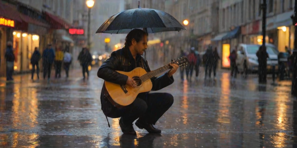 Blurry candid shot of a street performer playing a guitar on a rainy evening, soft golden light from nearby streetlamps reflecting off the wet pavement, with distant passersby huddled under umbrellas.