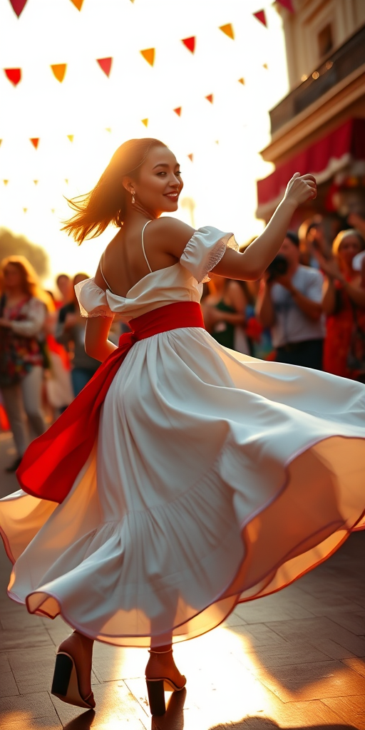 Capture a vibrant dance scene featuring a woman in a flowing white dress with a red sash, surrounded by a lively crowd, golden hour light, soft focus, low angle view, DSLR camera, aperture f/2.8, ISO 200, shutter speed 1/250 sec, emphasize motion blur in the skirt for dynamic effect.