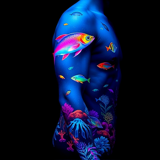 Mesmerizing full-sleeve body tattoo showcasing a realistic underwater scene with iridescent fish and coral reefs in vivid neon colors and blacklight-reactive ink