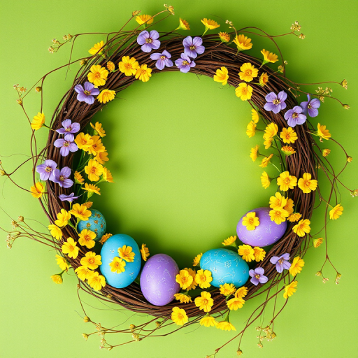 Create a vibrant floral wreath with green background featuring purple and blue eggs surrounded by yellow flowers and delicate vines, shot with a DSLR camera at f/4 aperture, 50mm lens, and natural lighting for enhanced color and detail.