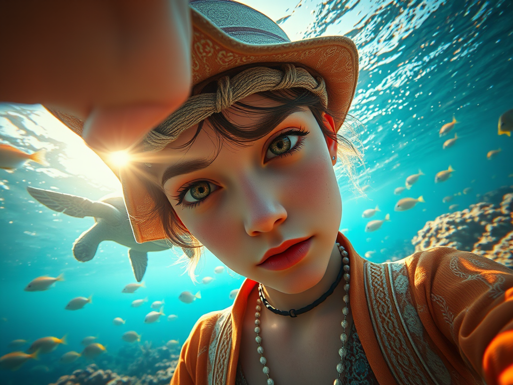 Realistic selfie image of a Chaldean, wearing a vintage outfit, detailed dreamy eyes, droopy hooded eyes, staring at the camera, taken underwater at coral reef with a sunbeam filtering through the water, vibrant, summer vacation, natural lighting, turtle and school of tropical fish with vibrant colors, rendered in the style of CryEngine, Pegi Nicol MacLeod, with realistic genre scenes, hauntingly beautiful narratives, ultra-realism, and Thomas Saliot's close-up technique, 8K resolution, crystal clear and sparkling water.