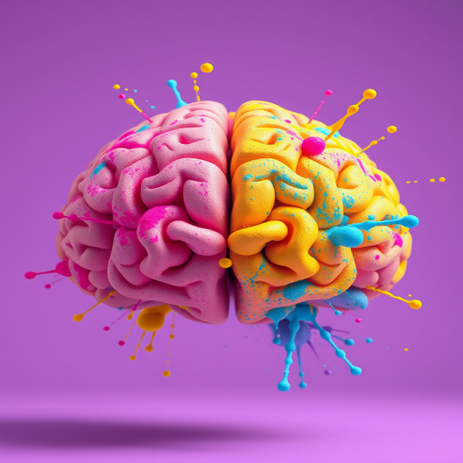 Create a vibrant 3D render of a brain with colorful splashes in pink, yellow, blue, and turquoise against a purple background, use a 50mm lens, aperture f/2.8, ISO 100, low-angle shot, and HDR photography for enhanced depth and clarity.