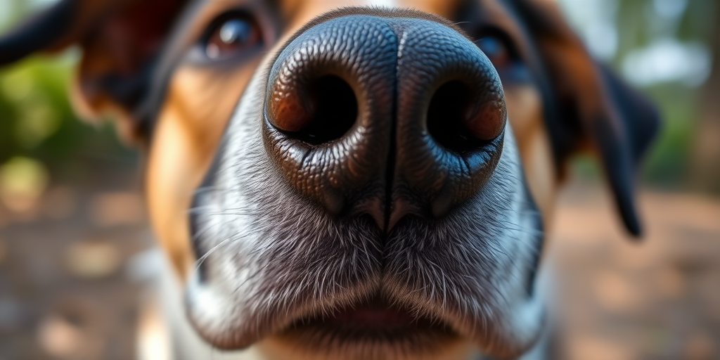 Close-up of a dog's face with emphasis on its nose and fur details, natural lighting, shallow depth of field, 50mm lens, f/2.8 aperture, ISO 200, shot from a slightly low angle, soft bokeh background.