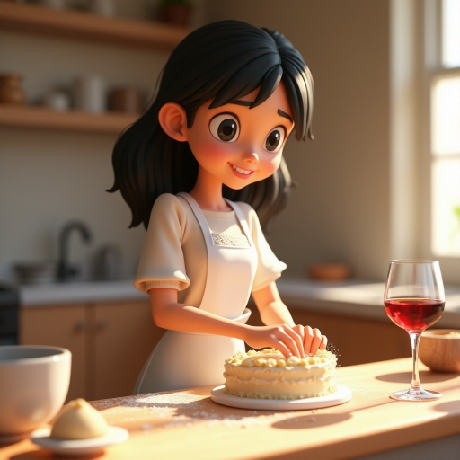 A Pixar-style CGI girl with black hair and black eyes wearing a white apron with lace stands in a kitchen and kneads cake batter. a text "ipic ai" at the table. There is flour dust in the air, a glass of wine on the table and the cake ingredients are scattered around. 3D