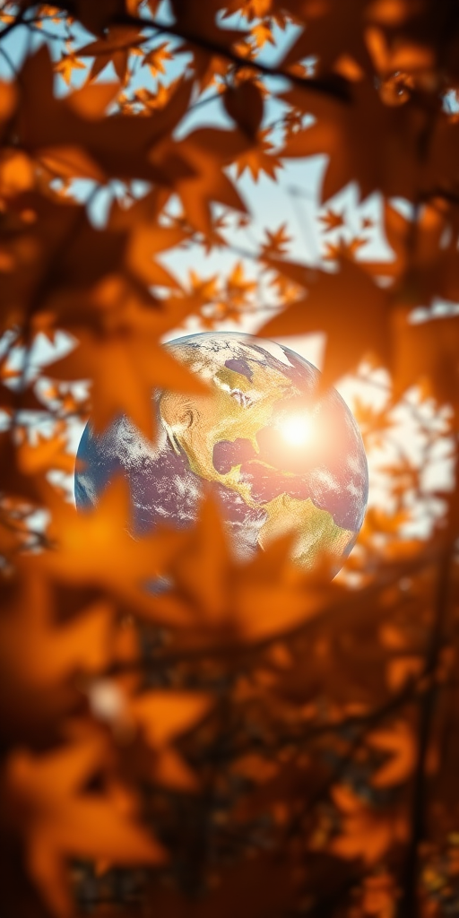 Generate an enchanting image of Earth partially obscured by autumn leaves, with warm golden hues in the background, using a DSLR camera, aperture f/2.8, ISO 100, shutter speed 1/250s, 50mm lens, shot from a low angle perspective for dramatic effect.