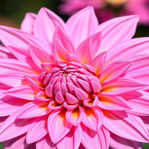 a close-up of a pink dahlia flower with intricate petal details, taken with a DSLR camera, aperture f/2.8, shutter speed 1/200s, ISO 100, 50mm lens, natural lighting, shallow depth of field, bright and vibrant colors