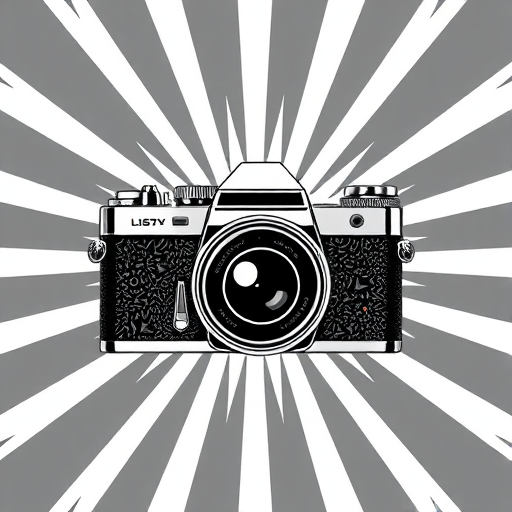 Create a high-contrast black and white illustration of a vintage camera against a radiating burst background, use a 50mm lens with f/2.8 aperture, ISO 100, shot in natural lighting with a DSLR camera for enhanced sharpness.