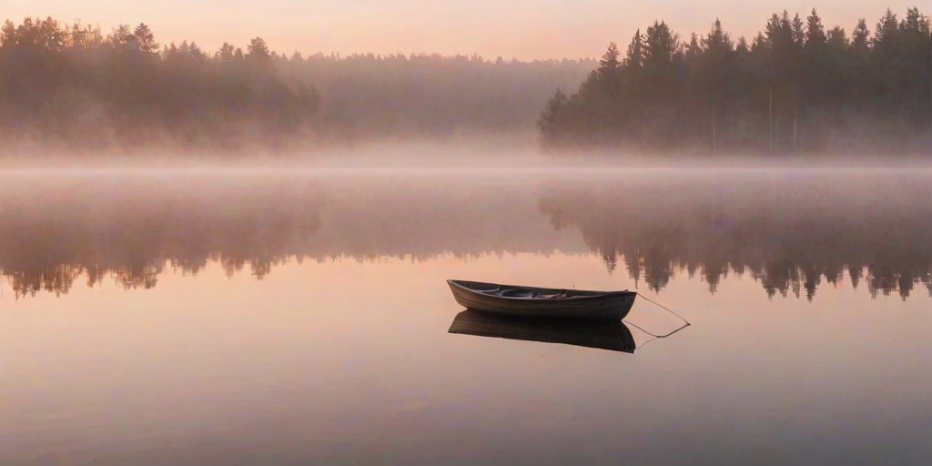 Soft-focus image of a misty lake at sunrise, with soft pink and orange hues reflecting off the still water, a rowboat gently bobbing, and distant trees barely visible through the mist.