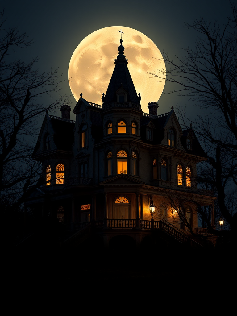 Create a high-resolution image of a spooky Victorian mansion at night, illuminated by a large full moon in the background, with eerie trees silhouetted in the foreground, using a DSLR camera with a 24mm lens, aperture set to f/8, ISO 100, and a long exposure time for enhanced detail and contrast.